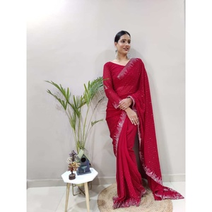 DISEÑADOR GEORGETTE SWAROVSKI DIAMOND WORK SAREE CON BLUSA DESCOSADA RANI - Product Image 1