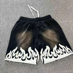 Pantalones Cortos de Felpa Francesa Negros de Peso Pesado, Estilo Vintage Deslavado al Sol, con Parches Bordados, Color Rojo, Casuales - Product Image 4