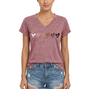 Custom <b>Heart</b> Print Women V Neck T Shirt Plain Cotton Blank Tee Short Sleeve Slim Fit Female Graphic Tops Manufacturer - Product Image 2