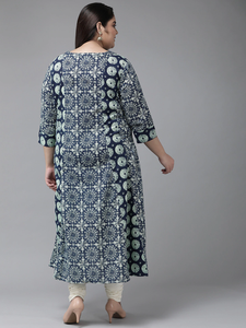 Blue Geometric Printed Cotton A LINE Kurti With Round Neck And Three Quarter Sleeves For <b>Plus</b> <b>Size</b> Women's Wear - Product Image 4