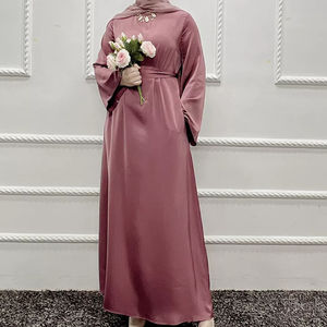 Abaya en satin à coupe droite, manches fermées, style maxi, avec ceinture, coupe fluide, unie, modeste, style Dubaï, vêtement islamique de Turquie, avec poches - Product Image 3