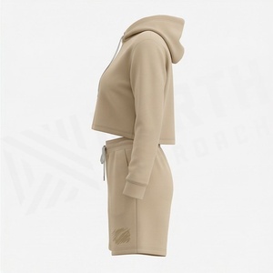 <b>Women's</b> 2 Piece Hooded Sweatshirt <b>Set</b> Solid Color Above Knee Shorts Casual Spring Summer Knitted Cotton Outfit - Product Image 3