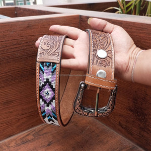 Ceinture de perles en cuir gravé à fleurs occidentales personnalisées 100% véritable cuir de vachette pleine fleur avec ceinture à pression en cuir véritable - Product Image 2