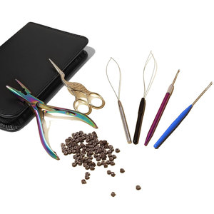 Professional Hair Extension Tools Kit with <b>Silicone</b> <b>Beads</b> in Black Brown and Beige Microlink Pliers Scissors Loop and Hook - Product Image 1