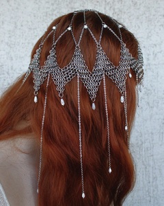 Tocado de Malla Metálica Medieval con Perlas, Chapado en Plata, de Acero Inoxidable - Imitación Antigua Moderna - Product Image 2