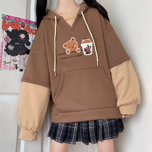 <b>Cute</b> Bear Milk Tea Printed Hooded <b>Sweatshirt</b> Regular Sleeve Oversized Casual Knitted Unisex Plus Size Pocket Winter Wear - Product Image 3