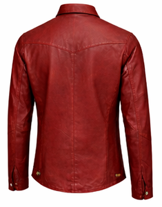 Men's Red Leather Shirt Jacket Casual Turn-Down Collar Regular Sleeve Solid Color Button Closure Autumn Wear - Product Image 2