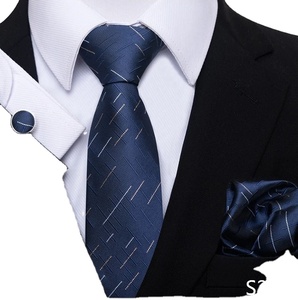 Gris foncé Dot rayé cravate poche carré bouton de manchette ensemble 100% soie homme accessoires de mariage à la mode livraison directe pour les vacances - Product Image 2