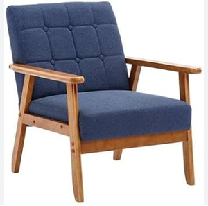 Fauteuil d'appoint rembourré de style mid-century moderne, structure en bois, assise en tissu bleu, meubles de salon - Product Image 1