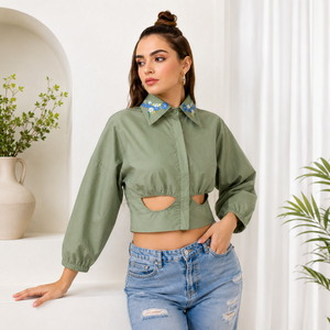 Women's Green Cotton Poplin Floral Print Embroidered Cut-Out <b>Balloon</b> Sleeve Crop Blouse Mandarin Collar Casual Spring Summer Top - Product Image 4