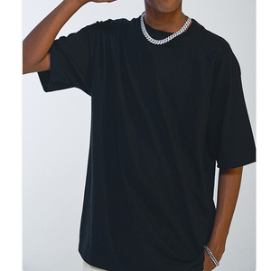 T-shirt en coton noir surdimensionné pour homme, manches courtes, col rond, vêtement décontracté, couleur unie, jersey tricoté - Product Image 6
