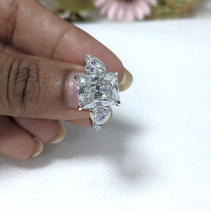 Lurba Jewels 3.70 Ct Radiant Cut Lab Grown Diamond Three Stone Pave <b>Set</b> Engagement <b>Ring</b> 14K White <b>Gold</b> IGI Certified Trendy - Product Image 4