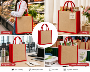 Red Custom Logo Jute Shopping <b>Bag</b> with Canvas Trim Small Size <b>Zipper</b> Closure Handled Supermarket <b>Tote</b> - Product Image 4