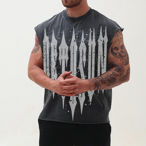 Custom <b>Men</b> <b>Cropped</b> Sleeveless Tank <b>Top</b> Spandex/Cotton Gym Sports Acid Washed Stringer Discharge Printing Breathable Quick Dry - Product Image 6