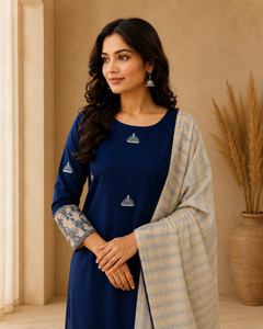 Unstitched Hand Embroidered Jamdani Cotton <b>Kurta</b> Set in Royal Blue <b>for</b> <b>Women</b> Available at wholesale Price - Product Image 3