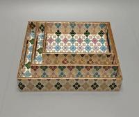Ensemble de plateaux de service à étages laqués à motifs géométriques, décoratifs pour la maison, en bois, design artisanal, artisanat naturel, moderne