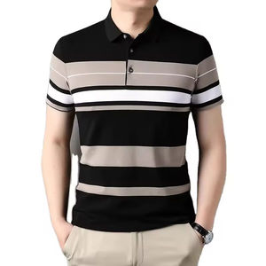 Men's <b>Striped</b> Short Sleeve Polo <b>Shirt</b> Knitted Casual Button Design Regular Fit <b>Black</b> Beige <b>White</b> Pattern - Product Image 1