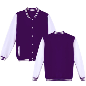 Chaqueta Varsity para Mujer, Color Morado y Blanco, Bloques de Color, Manga Larga, Corte Regular, Cuello Camisero, Tejido de Punto, Poliéster - Product Image 1