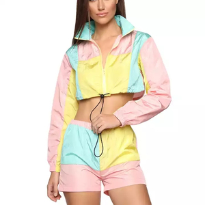 Women's Casual Solid Nylon/Polyester High Quality Anti-Bacterial Track Suits <b>Crop</b> <b>Top</b> Windbreaker Jacket Shorts Set Workout - Product Image 6