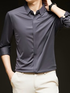 Camisa de Vestir Satinada para Hombre, Corte Entallado, Manga Larga, Cuello Clásico, Color Sólido, Antiarrugas, Estilo Casual Elegante - Product Image 4