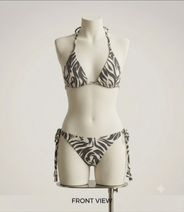 Conjunto de bikini con estampado de cebra para mujer, con lazo lateral, parte inferior elástica, sujetador triangular con cordón, traje de baño de poliéster - Product Image 2