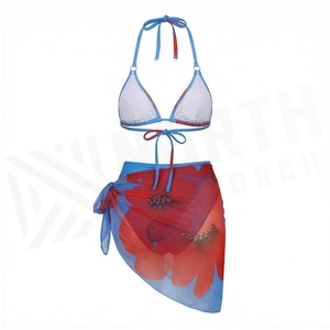 Blue Butterfly Print 2 Piece Yoga <b>Set</b> With Gold Trim Deep V Neck Halter Bodysuit And Knee Length Wrap <b>Skirt</b> - Product Image 2