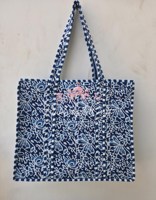 Tas Tote Bohemian Katun Motif Bunga Cetak Tangan Indigo Elegan untuk Wanita, Quilting Kantha, Pegangan Bergaris, Kualitas Tinggi