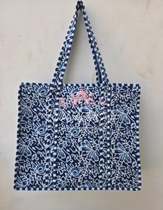 Elegant Indigo Hand Block Printed Cotton Bohemian Tote Bag Kantha Quilting Striped Handles Open High Quality <b>Shoulder</b> <b>Straps</b> - Product Image 6