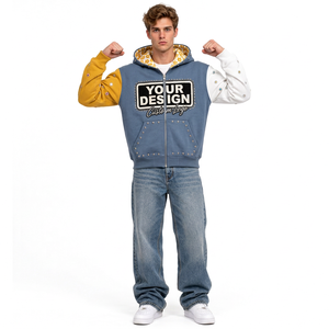Sudadera con capucha para hombre, personalizada, con efecto desgastado, en bloques de color, de algodón grueso, con cremallera, bordado, estilo urbano, informal, a la moda. - Product Image 4