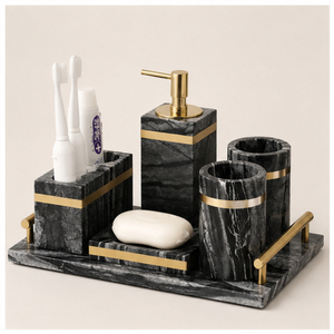 Luxury Natural Black Marble <b>Bathroom</b> <b>Accessories</b> <b>Set</b> 6-Piece with Gold Inlay Soap Dispenser Tray and Toothbrush Holder - Product Image 1