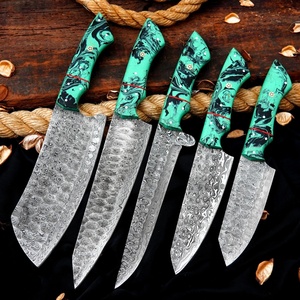 Ensemble de couteaux de cuisine professionnels en acier Damas, 5 pièces, faits à la main, pour chef, ambidextres, finition haute brillance, manches en résine, logo personnalisé, OEM - Product Image 1