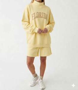 Women's Yellow Florida Print Fleece 2-Piece Shorts Set mockneck Long Sleeve Casual Loose Fit Spring Summer Outfit - Product Image 1