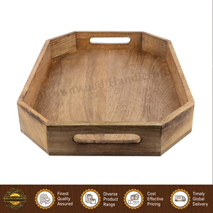 Elegante mesa de comedor de madera de mango natural de color quemado, hecha a mano, con bandeja para servir comida, de un exportador indio. - Product Image 3