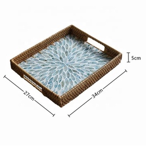 Boho Style Manufacturer square Rattan Mother of Pearl Inlay Tray, Woven Tray with <b>Handle</b> Tray for Coffee Tea - Product Image 1