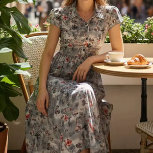 เดรสสายเดี่ยวผู้หญิง ลายอิกกัต ทรงพลิ้ว ยาวคลุมข้อเท้า สีน้ำเงิน สไตล์ลำลอง ติดกระดุม ระบายอากาศได้ดี ทรงเอ เอวธรรมชาติ เรียบง่าย 100% - Product Image 1