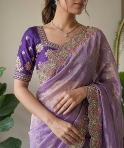 Elegante Saree de Organza Bordado en Lavanda con Blusa Morada de Diseñador |   Sari Premium para Fiestas y Bodas para Mujer - Product Image 3