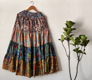 Women's Summer Bohemian Style Silk Maxi <b>Skirt</b> Flowy <b>Patchwork</b> Tiered Layer Casual Comfortable High Waist - Product Image 3