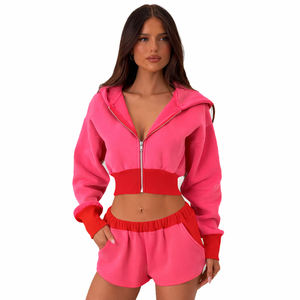 ชุดเซ็ตแทรคสูทผู้หญิง 2 ชิ้น เสื้อฮู้ดครอปซิปและกางเกงขาสั้นเอวสูง ชุดลำลองแฟชั่นฤดูใบไม้ร่วงฤดูหนาว ชุดออกกำลังกาย - Product Image 2