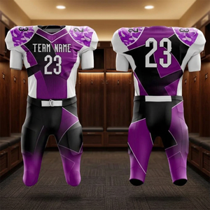 Ensemble d'uniformes de football américain entièrement personnalisables, imprimés par sublimation, géométriques, violets et noirs. - Product Image 4