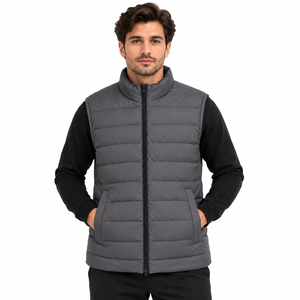Chaleco acolchado gris para hombre con cuello alto, cierre de cremallera, cortavientos, informal, para invierno, con bolsillos, chaleco acolchado para hombre - Product Image 1