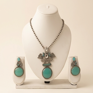 DIVYORO Women's Turquoise Teardrop <b>Statement</b> Ethnic Adjustable Oxidized Silver <b>Necklace</b> and Earrings Set - Product Image 1