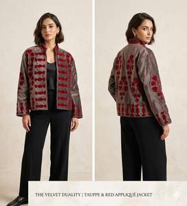 Blazer en velours matelassé brodé à la main pour femme, col mandarin, manches trois quarts, motif floral en coton, vêtement d'extérieur automne-hiver - Product Image 4
