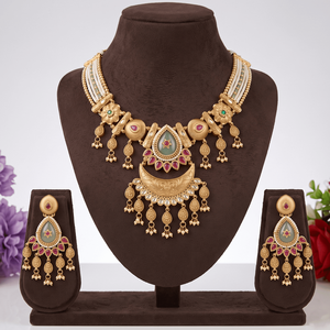 Traditional Long Brass Mala Antique Gold Plated <b>Charm</b> <b>Necklace</b> Set Trendy Matching Earrings <b>for</b> Women Ethnic Indian Wedding - Product Image 2