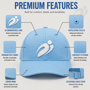 Casquette de baseball personnalisée bleue à 5 panneaux en sergé avec logo en caoutchouc en relief, respirante, imperméable, réglable, unisexe, pour sports de plein air - Product Image 6