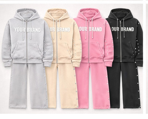Custom Logo Winter <b>Oversized</b> Hoodie Sweatpants Beanie Streetwear Tracksuit 100% Cotton Fleece 420g Breathable Rhinestone <b>Jogger</b> - Product Image 1
