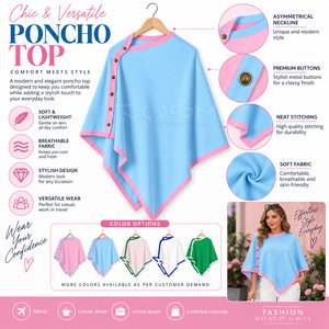 Poncho asymétrique Cosh International Sorority Sisterhood bleu clair avec bordure rose, manches chauve-souris, col rond, en tricot - Product Image 6