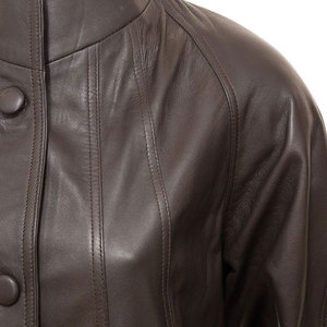 Women's Genuine <b>Leather</b> Long <b>Coat</b> Stand Collar Full Sleeve Button Closure Elegant Autumn Winter Wear - Product Image 3