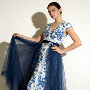 Hot sale on Temu | Trendy Blue Floral Print Floor-Length Skirt Ladies High Waist Sheer Overlay Skirt for <b>Cocktail</b> Party - Product Image 3