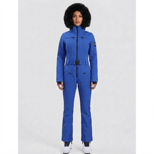 Combinaison de ski unisexe bleu roi à capuche en fourrure, imperméable, coupe-vent, légère, avec fermeture éclair, pour sports d'hiver et snowboard, avec ceinture - Product Image 3
