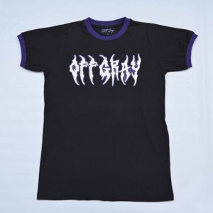 T-shirt personnalisé gris chiné pour homme, noir avec bordure violette, manches courtes, motif lettres imprimées, coupe classique, col rond, en jersey de coton - Product Image 3
